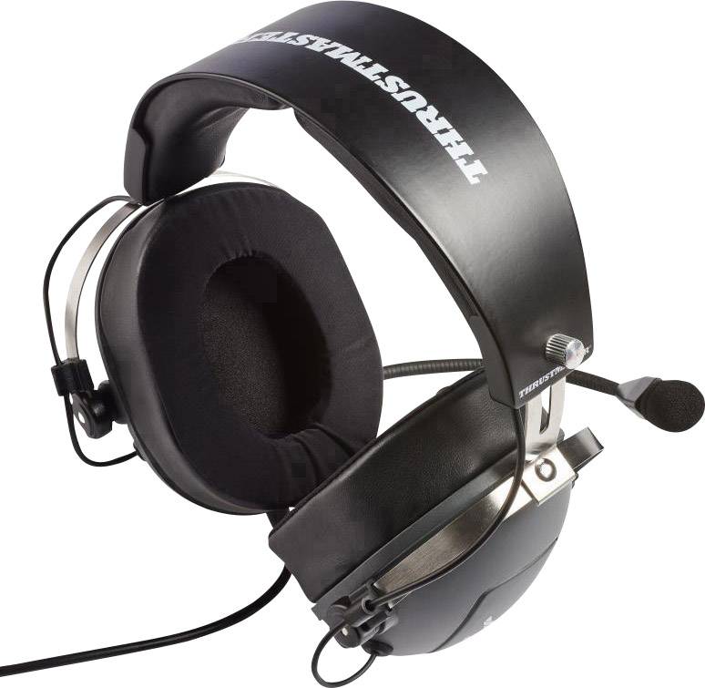 Schwarzes Gaming-Headset mit Mikrofon, gepolsterten Ohrmuscheln und verstellbarem Kopfbügel, auf dem 'THRUSTMASTER' steht.