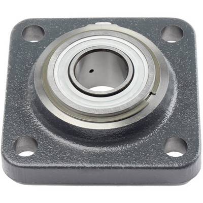 Metallisches Flanschlager mit vier Befestigungslöchern und zentralem Kugellager, häufig in mechanischen Anwendungen verwendet.