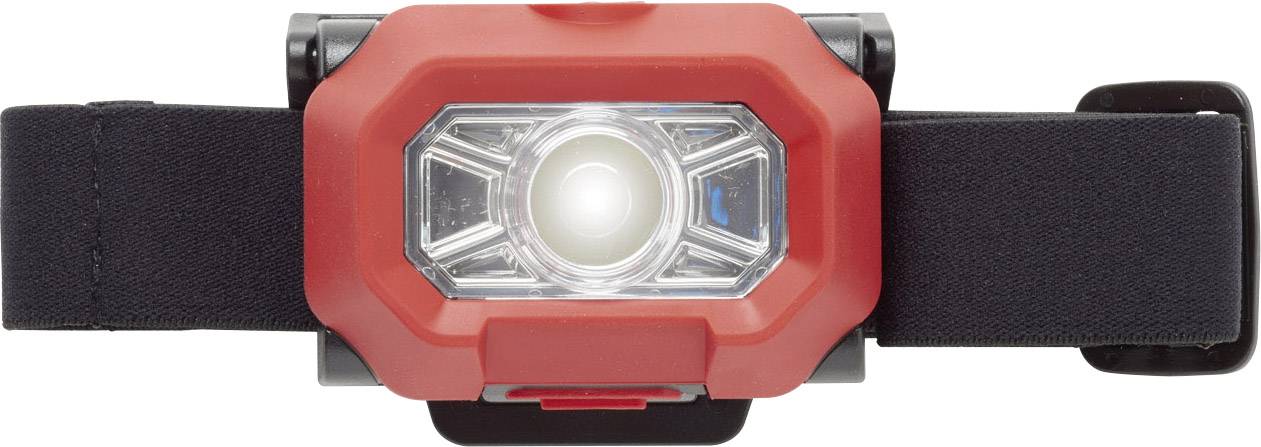 Eine rote Stirnlampe mit schwarzem Band, zentraler weißer LED-Leuchte und eckigem Gehäuse, geeignet für Outdoor-Aktivitäten.