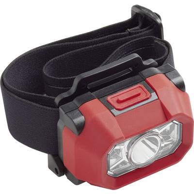 Eine rote Stirnlampe mit schwarzem elastischem Band, geeignet für freihändige Beleuchtung bei Outdoor-Aktivitäten.