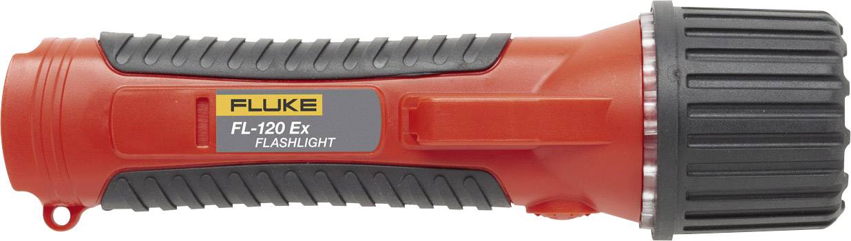 Rote Taschenlampe mit grauem Griff; Modell 'FL-120 Ex Flashlight' von Fluke; für explosionsgefährdete Umgebungen geeignet.
