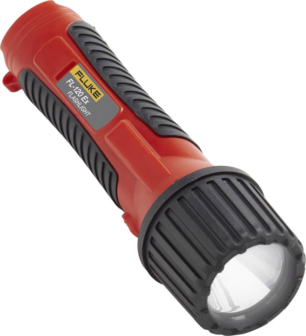 Rote und schwarze Taschenlampe mit grauem Griffmuster. Auf der Seite steht 'FLUKE' mit Modellnummer.