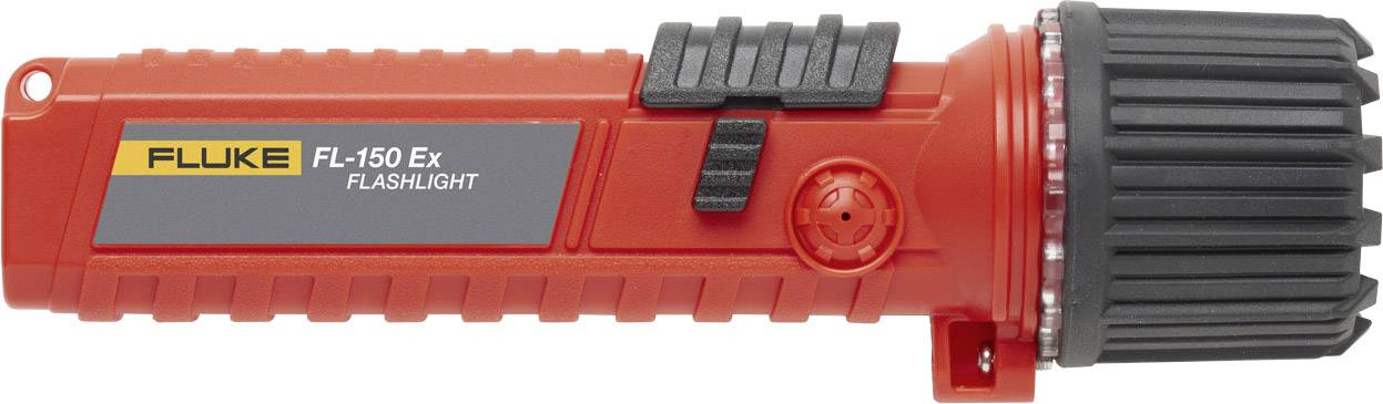 Eine rote, robuste Taschenlampe mit der Aufschrift 'FLUKE FL-150 Ex' auf der Seite. Geeignet für den Einsatz in explosionsgefährdeten Bereichen.