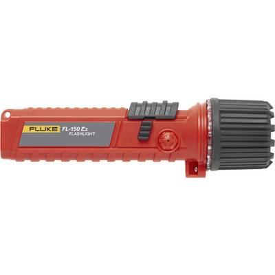 Eine rote, robuste Taschenlampe mit der Aufschrift 'FLUKE FL-150 Ex' auf der Seite. Geeignet für den Einsatz in explosionsgefährdeten Bereichen.