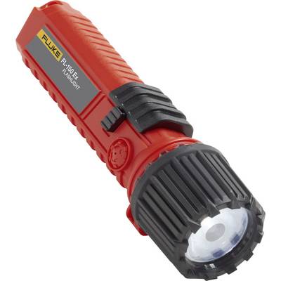 Eine rote Taschenlampe mit schwarzem Griff und großer Lampe, geeignet für den professionellen Einsatz.