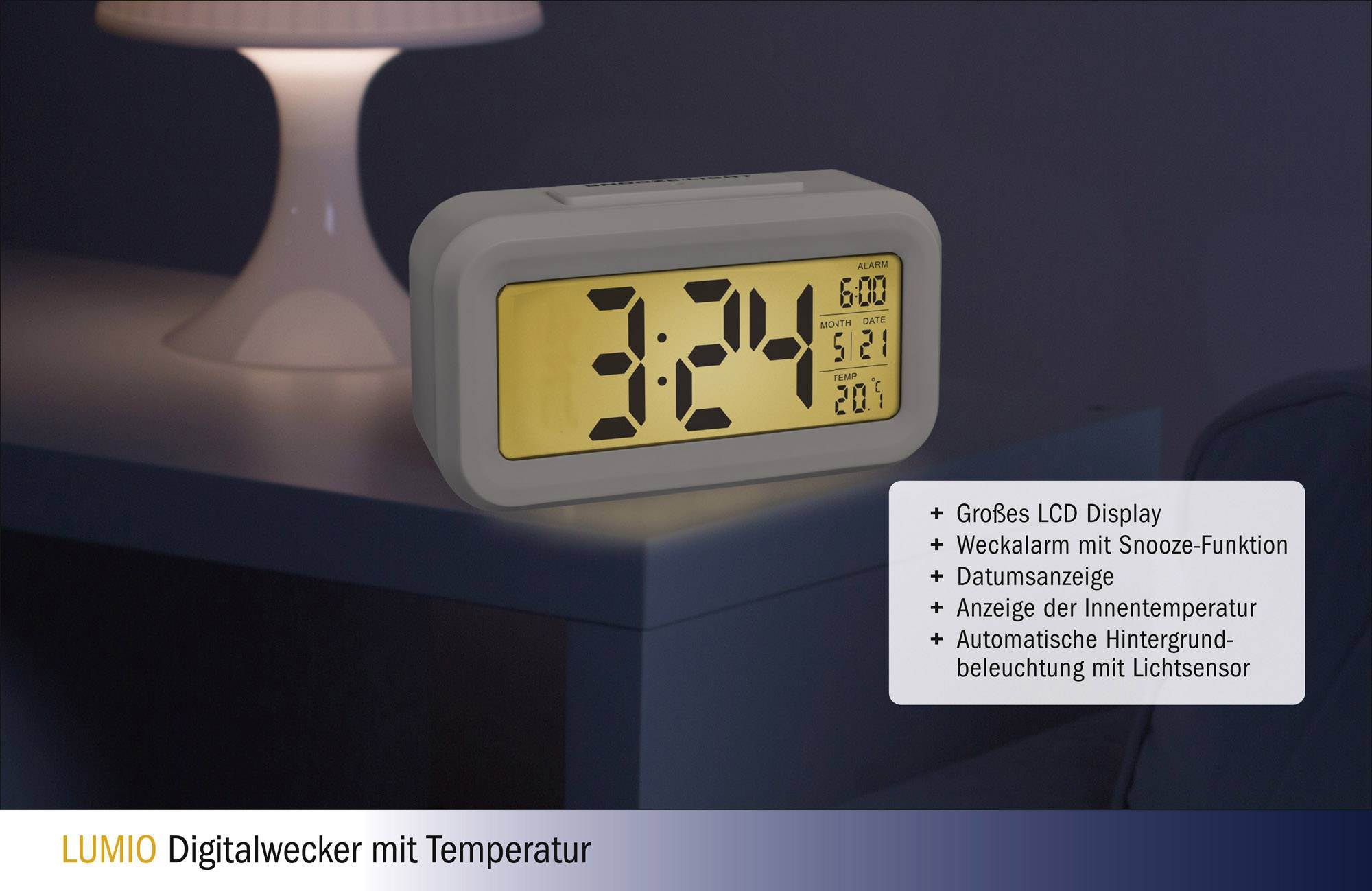 Ein digitaler Wecker mit großem LCD-Display zeigt die Uhrzeit 3:24. Funktionen: Wecker, Snooze, Datum, Innentemperatur.