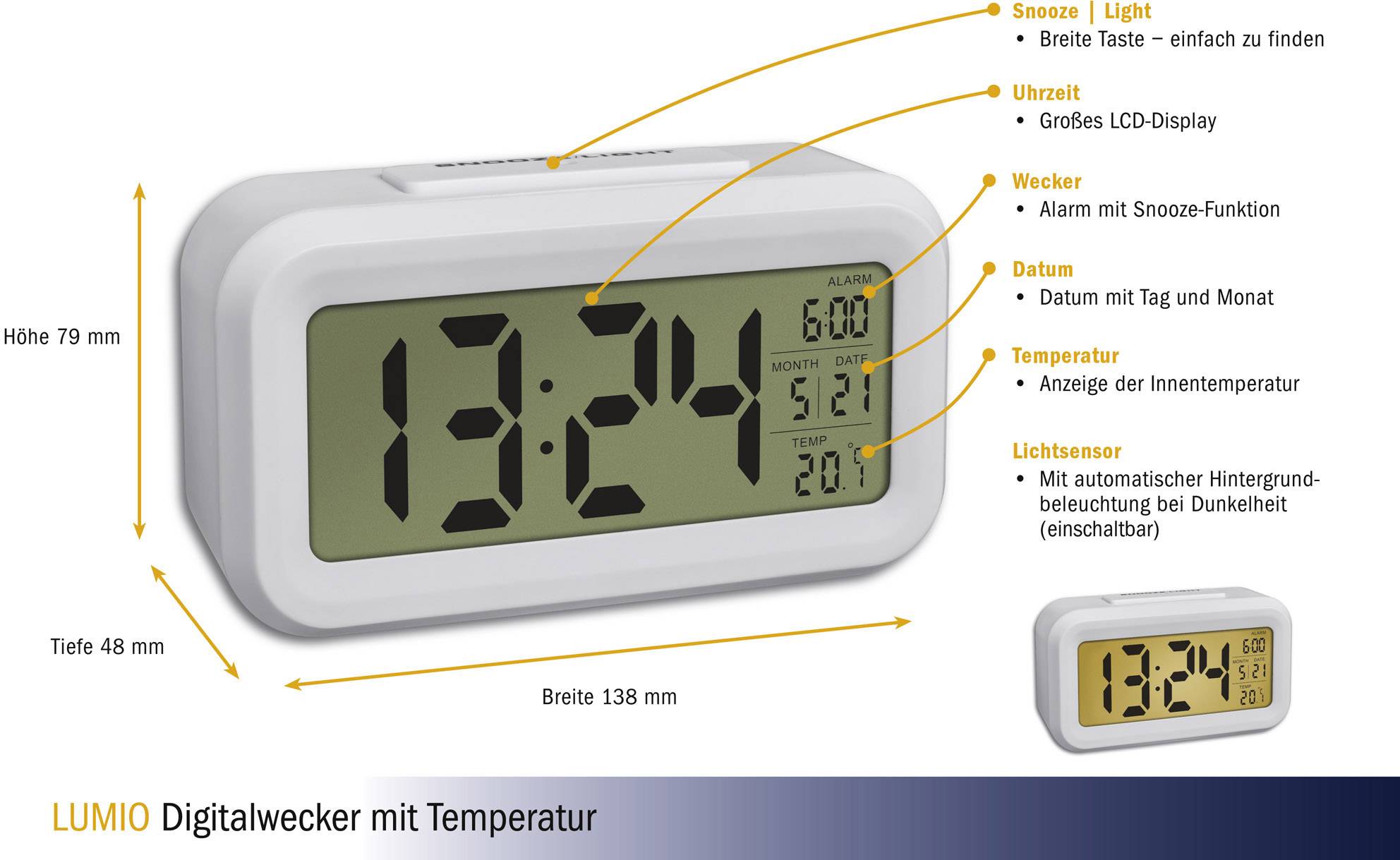 Digitalwecker mit Temperaturanzeige, Alarmfunktionen, Datum und automatischer Hintergrundbeleuchtung. Maße: 138x79x48 mm.