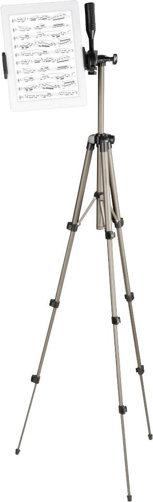 Ein Notenständer mit einem Tablet, auf dem digitale Noten zu sehen sind. Der Ständer ist verstellbar und aus Metall gefertigt.