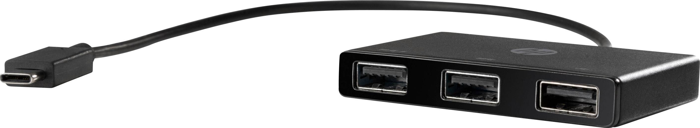 Ein schwarzer USB-C-Adapter mit drei USB-Anschlüssen zum Anschließen an Geräte; geeignet für erweiterte Konnektivität.