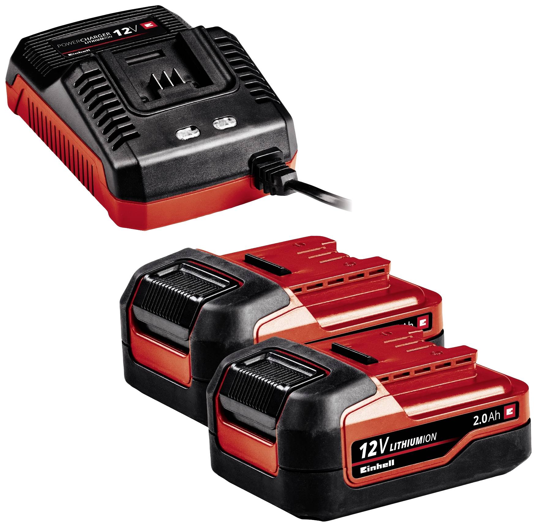 Ladegerät für Einhell 12V Lithium-Ionen-Akkus, zwei 2.0 Ah Akkus abgebildet. Verwendung für kabellose Werkzeuge.