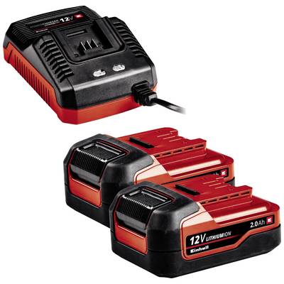 Ladegerät für Einhell 12V Lithium-Ionen-Akkus, zwei 2.0 Ah Akkus abgebildet. Verwendung für kabellose Werkzeuge.