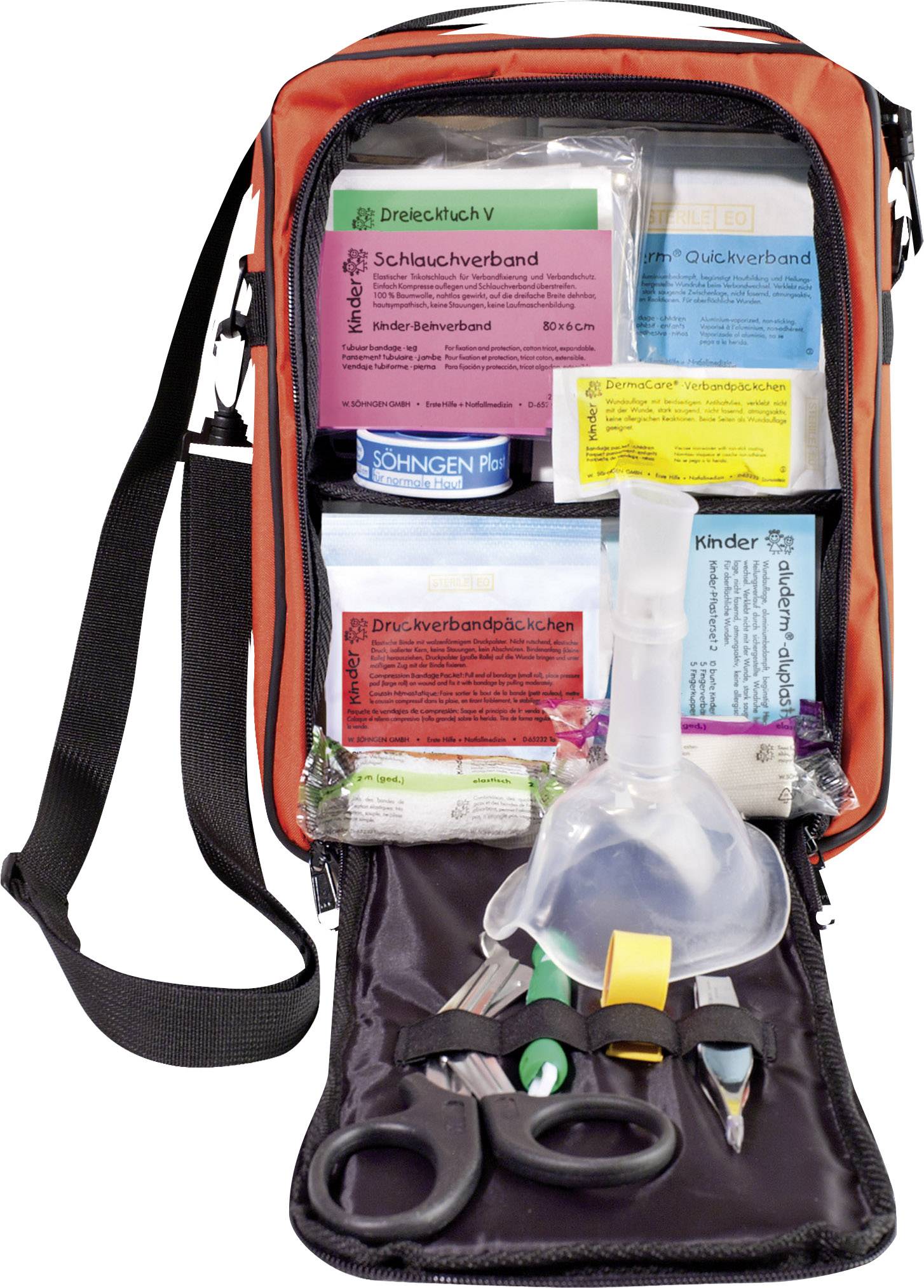 Erste-Hilfe-Set mit Verbänden, Schere und einem Beatmungsbeutel.