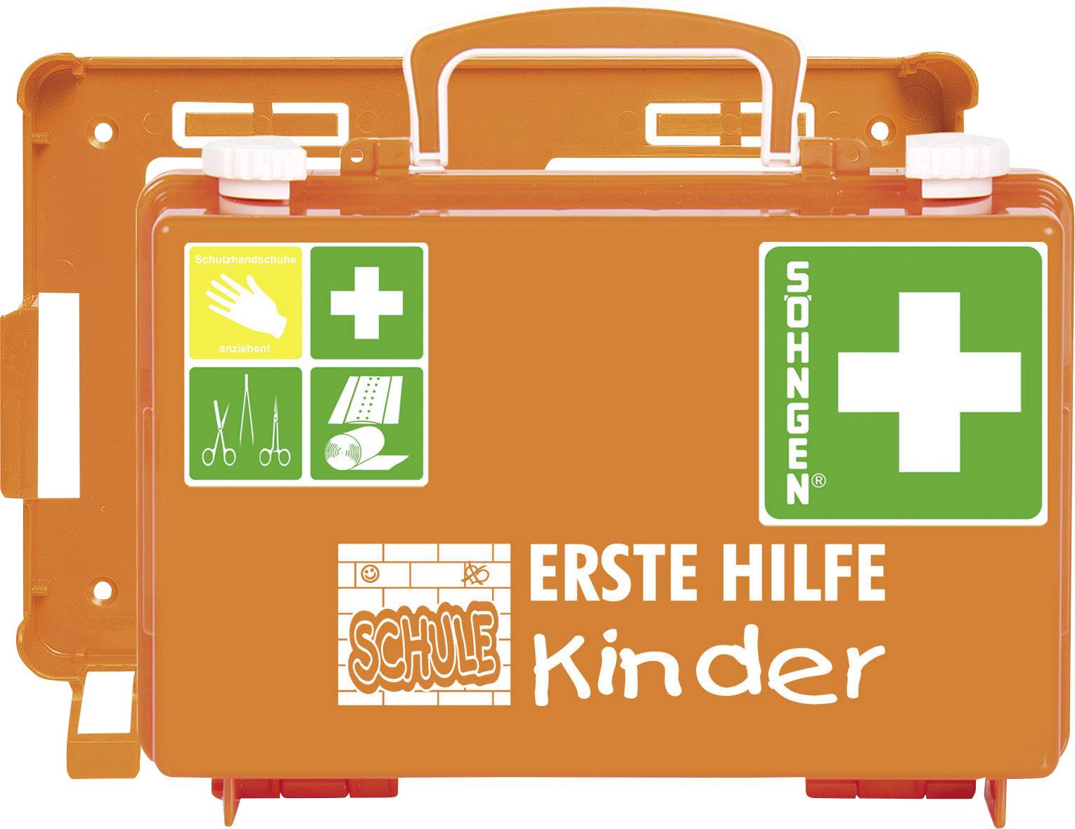 Ein orangefarbener Erste-Hilfe-Koffer für Kinder mit grünem Kreuz und Symbolen für Pflaster, Schere und Verband auf der Vorderseite.