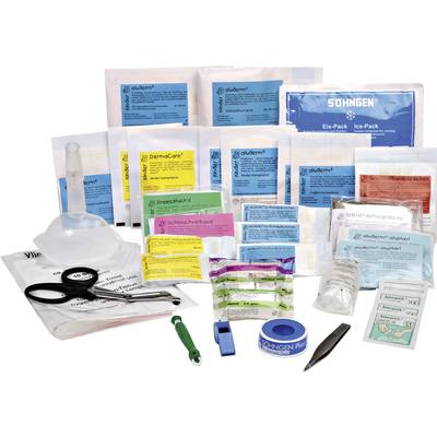 Erste-Hilfe-Set mit Verbänden, Pflastern, Schere, Pinzette und Kühlpacks, arrangiert auf einem Tisch.