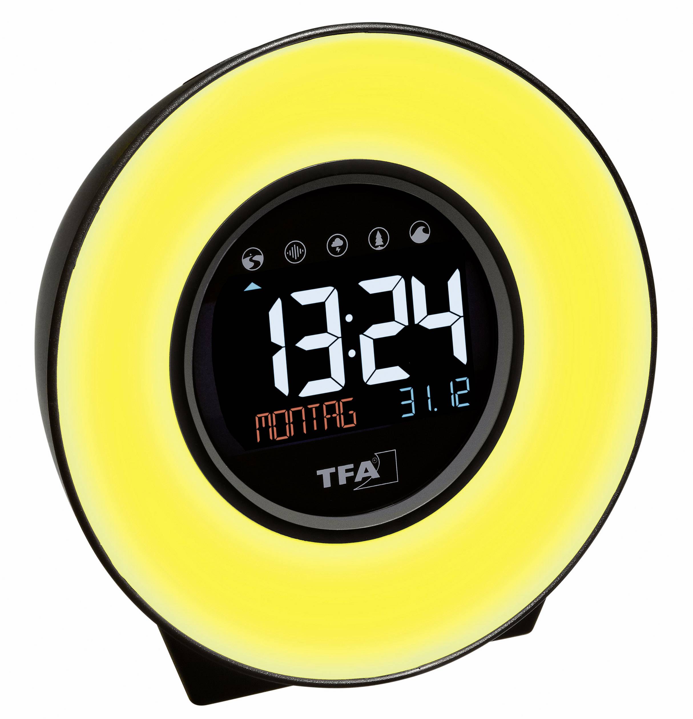 Wecker mit gelbem LED-Licht auf schwarz-grauem Hintergrund. Zeigt 13:24 Uhr an, 'Montag, 31.12' im Display sichtbar.