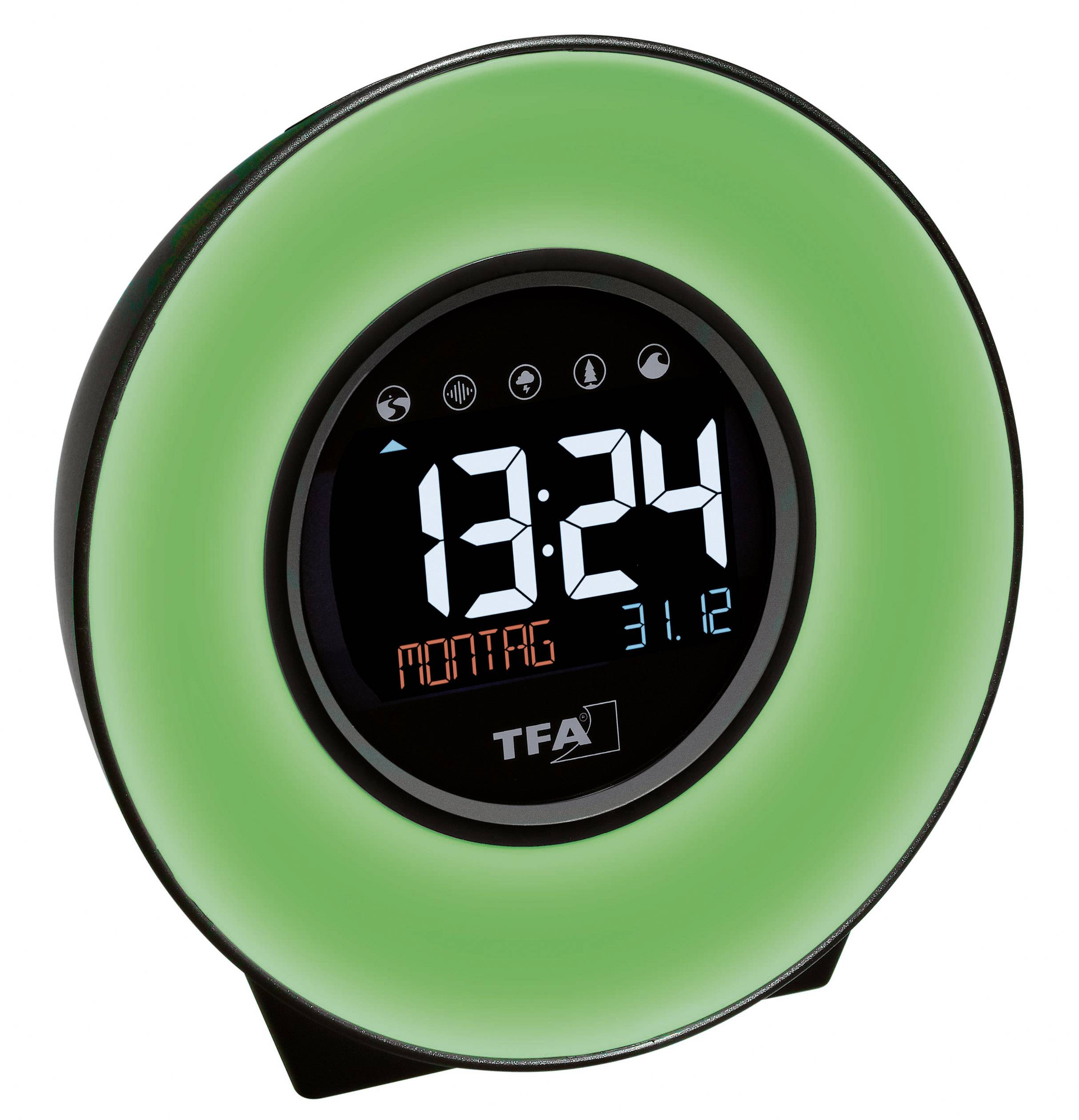 Runde Uhr mit grünem Leuchtring zeigt die Zeit 13:24, Tag 'Montag' und Datum '31.12' an.