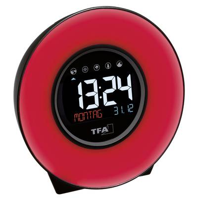 Runder digitaler Wecker mit rotem Leuchtring. Zeigt die Uhrzeit '13:24', Wochentag 'Montag' und Datum '31.12.'.