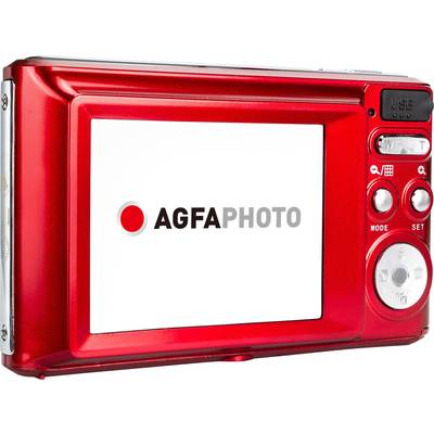 Rote Digitalkamera von hinten mit eingeschaltetem Display, das das Logo 'AGFAPHOTO' zeigt. Rechts befinden sich mehrere Bedienelemente.