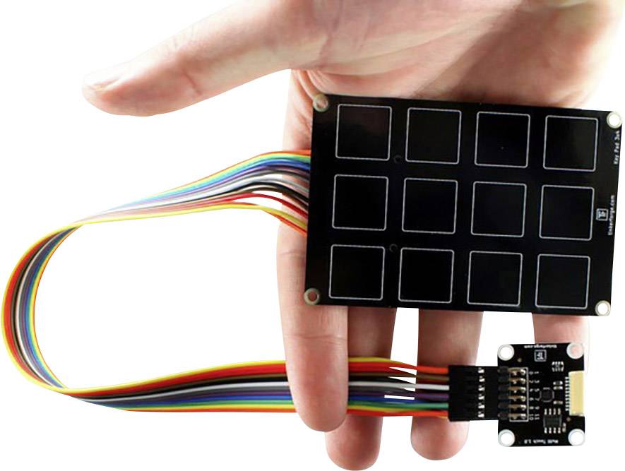 Eine Hand hält ein kapazitives Touchpad-Modul mit neun Quadraten und Regenbogenkabeln, das für elektronische Projekte verwendet wird.