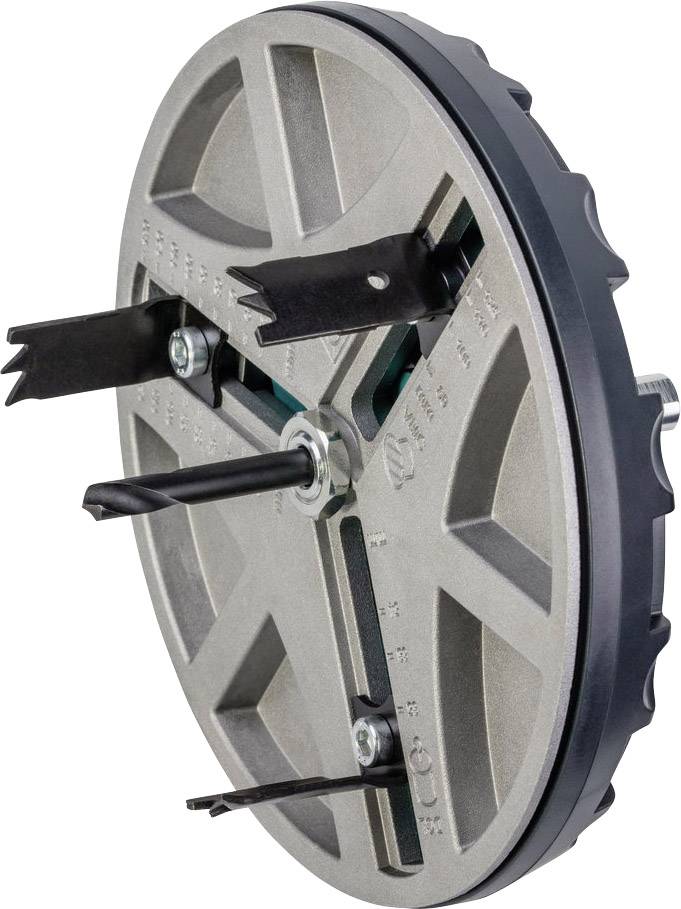 Rundes Metallgehäuse mit zwei hervorstehenden schwarzen Klingen und zentrischer Schraube, möglicherweise ein Teil eines Werkzeugs.