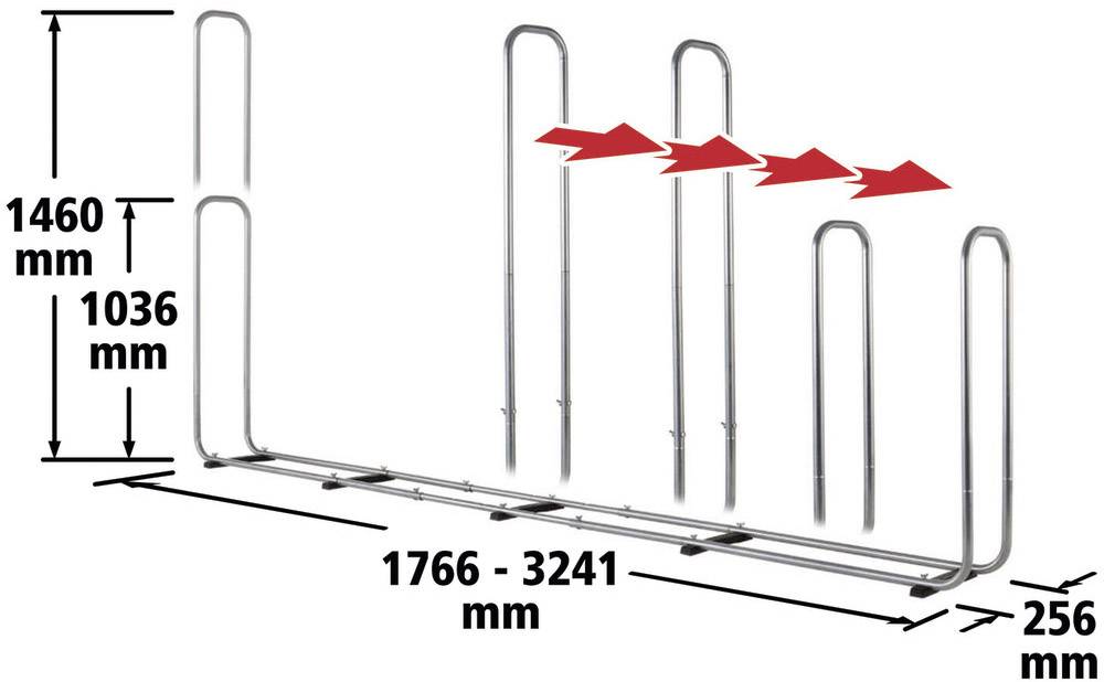 Fahrradständer mit verstellbarer Breite von 1766 bis 3241 mm, Höhe 1460 mm, Tiefe 256 mm. Pfeile zeigen erweiterbare Sektionen.