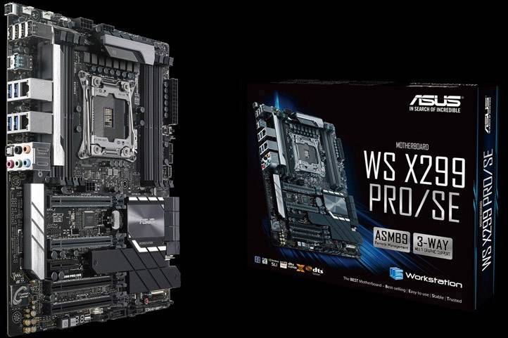 Motherboard ASUS WS X299 PRO/SE, abgebildet neben der Produktverpackung. Die Verpackung zeigt das Mainboard und relevante Spezifikationen.