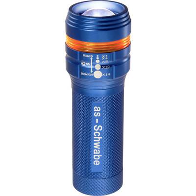 Blaue LED-Taschenlampe mit orangem Akzent, Zoomfunktion und Text 'as-Schwabe' auf dem Griff. Ideal für Outdoor-Aktivitäten.
