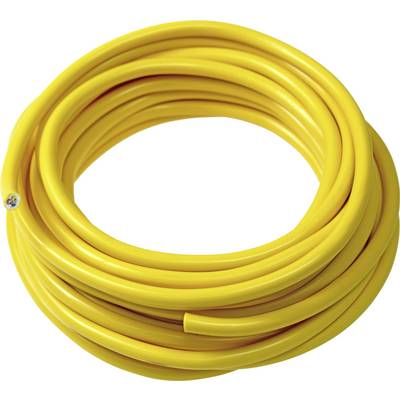 Ein gelbes, aufgerolltes Kabel liegt auf einer weißen Oberfläche.
