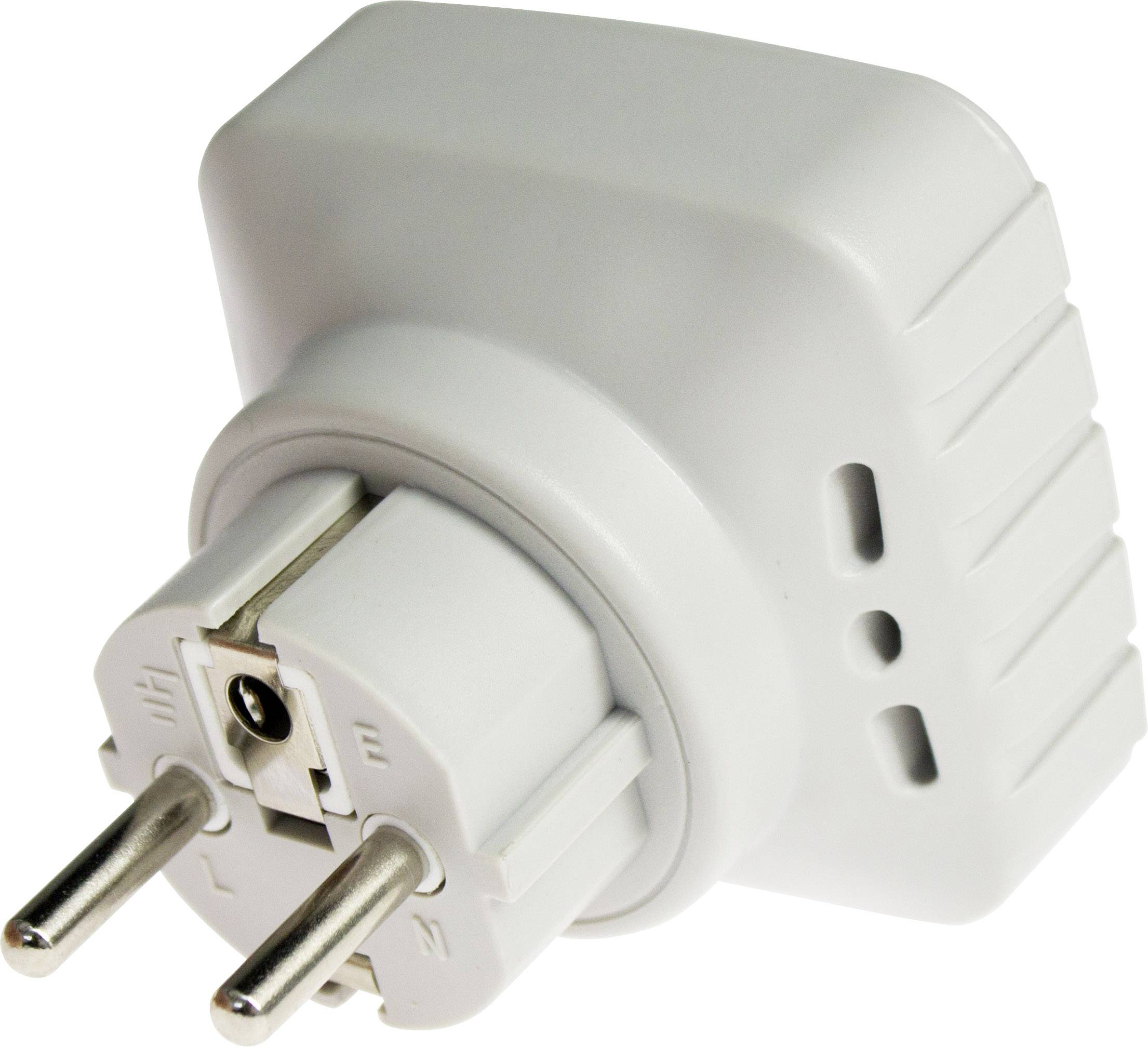 Ein weißer Eurostecker-Adapter mit abgerundeten Kanten. Er hat zwei Metallstifte für den Anschluss in Steckdosen und Belüftungsschlitze auf der Seite.