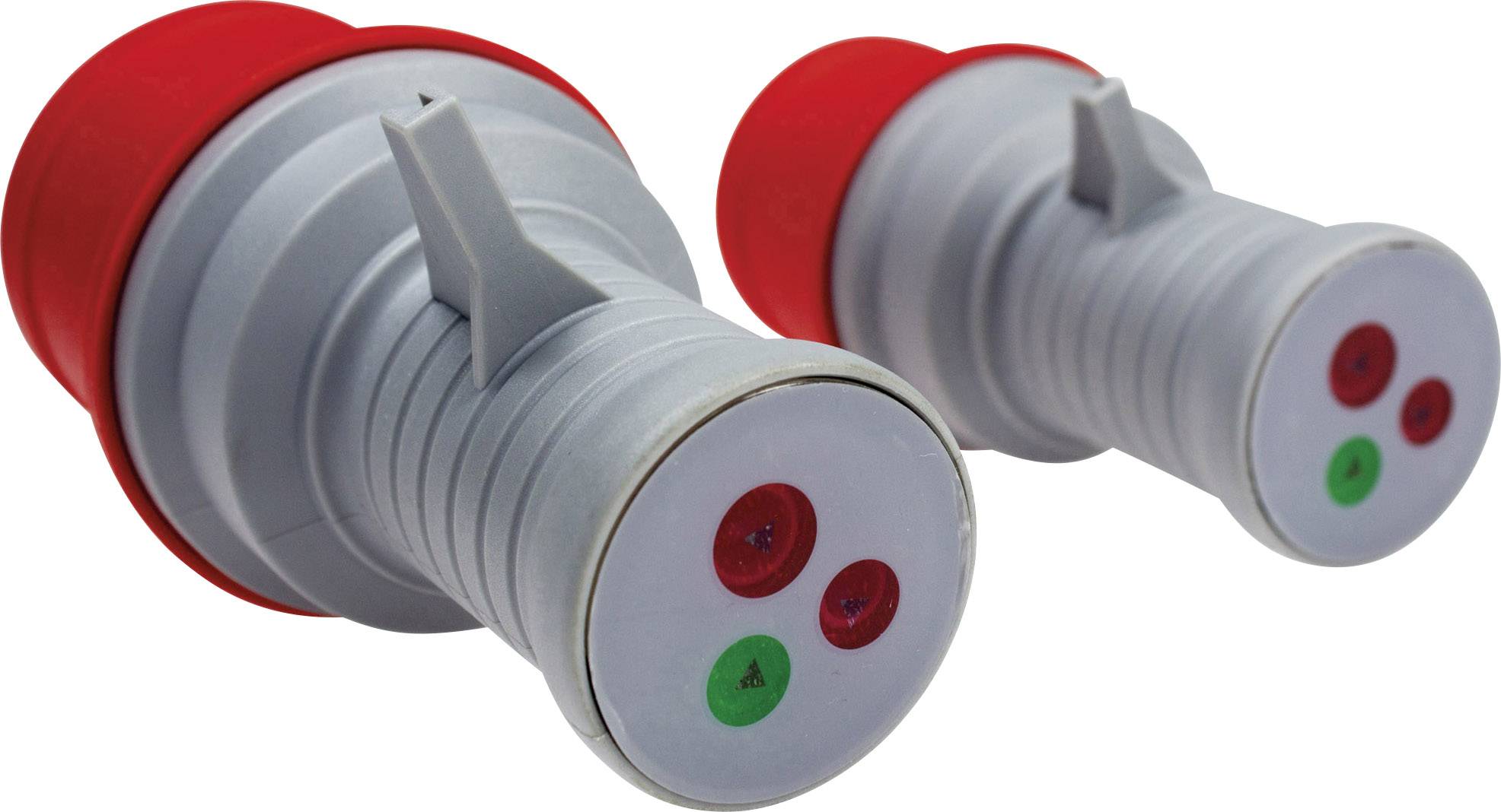 Zwei graue und rote Satelliten-LNBs nebeneinander, mit drei bunten Steckverbindungen an der Vorderseite.