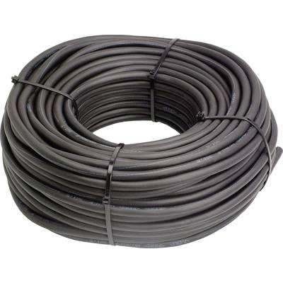 Eine große Rolle aus schwarzem Kabel, mehrfach mit Kabelbindern gesichert. Ideal für den Einsatz in Elektroinstallationen.