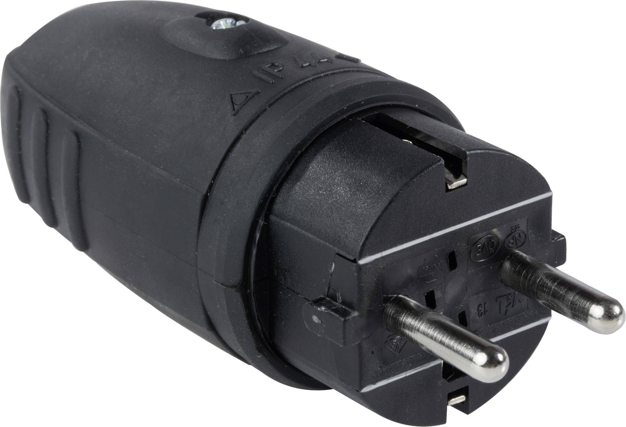 Ein schwarzer Eurosteckeradapter mit zwei runden Metallstiften, geeignet für den Einsatz in Europa.