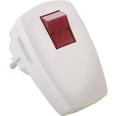 Ein weißer Steckdosenadapter mit einem roten Ein-/Ausschalter.