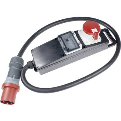 'Ein mobiler Verteilerkasten mit einem roten Stecker und einer roten Buchse, verbunden durch ein schwarzes Kabel für Stromanschlüsse.'