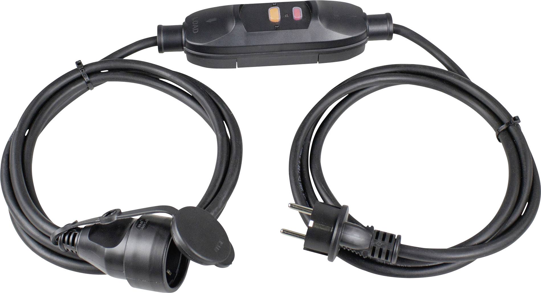 Ein Verlängerungskabel mit einem Schutzkontaktstecker auf der rechten Seite und einer Buchse mit Deckel auf der linken Seite. Dazwischen ein Schalter.