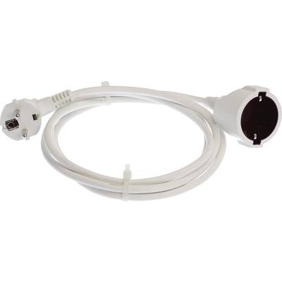 Ein weißes Verlängerungskabel mit einem Schukostecker auf einer Seite und einer Schuko-Steckdose auf der anderen Seite.