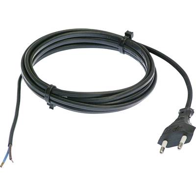 Ein schwarzes Stromkabel mit Eurostecker am rechten Ende und offenen Drähten am linken Ende, aufgerollt und mit Kabelbindern fixiert.