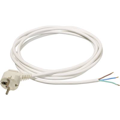 Ein weißer Stromkabel ohne Steckerabdeckung, mit freiliegenden Drähten in Blau, Braun und Gelb-Grün, daneben ein Stecker.