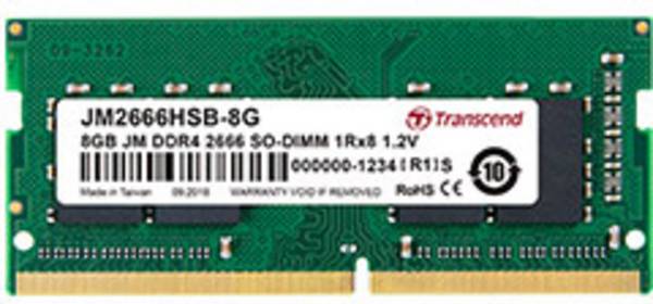 Transcend 8GB JM DDR4 2666 SO-DIMM 1Rx8 Laptop-Arbeitsspeicher Modul   DDR4 8 GB 1 x 8 GB  2666 MHz 260pin SO-DIMM CL19 JM2666HSB-8G
