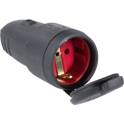 Schwarzer, zylinderförmiger Stecker mit rotem Innenraum und zwei metallenen Kontakten. Deckel geöffnet, zeigt Anschlussbereich.