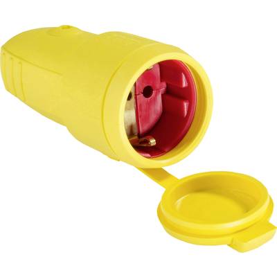 Gelber Steckdosenadapter mit offenem Deckel, zeigt eine rote Innenansicht mit Metallkontaktstiften.
