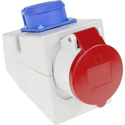 Ein weißes Gehäuse mit blauer und roter CEE-Steckdose, typischerweise für industrielle Anwendungen und Hochstromgeräte.