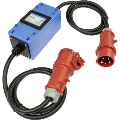Ein blauer Stromzähler mit Kabeln und roten Industrie-Steckverbindern. Geeignet für den Einsatz in elektrischen Anlagen.