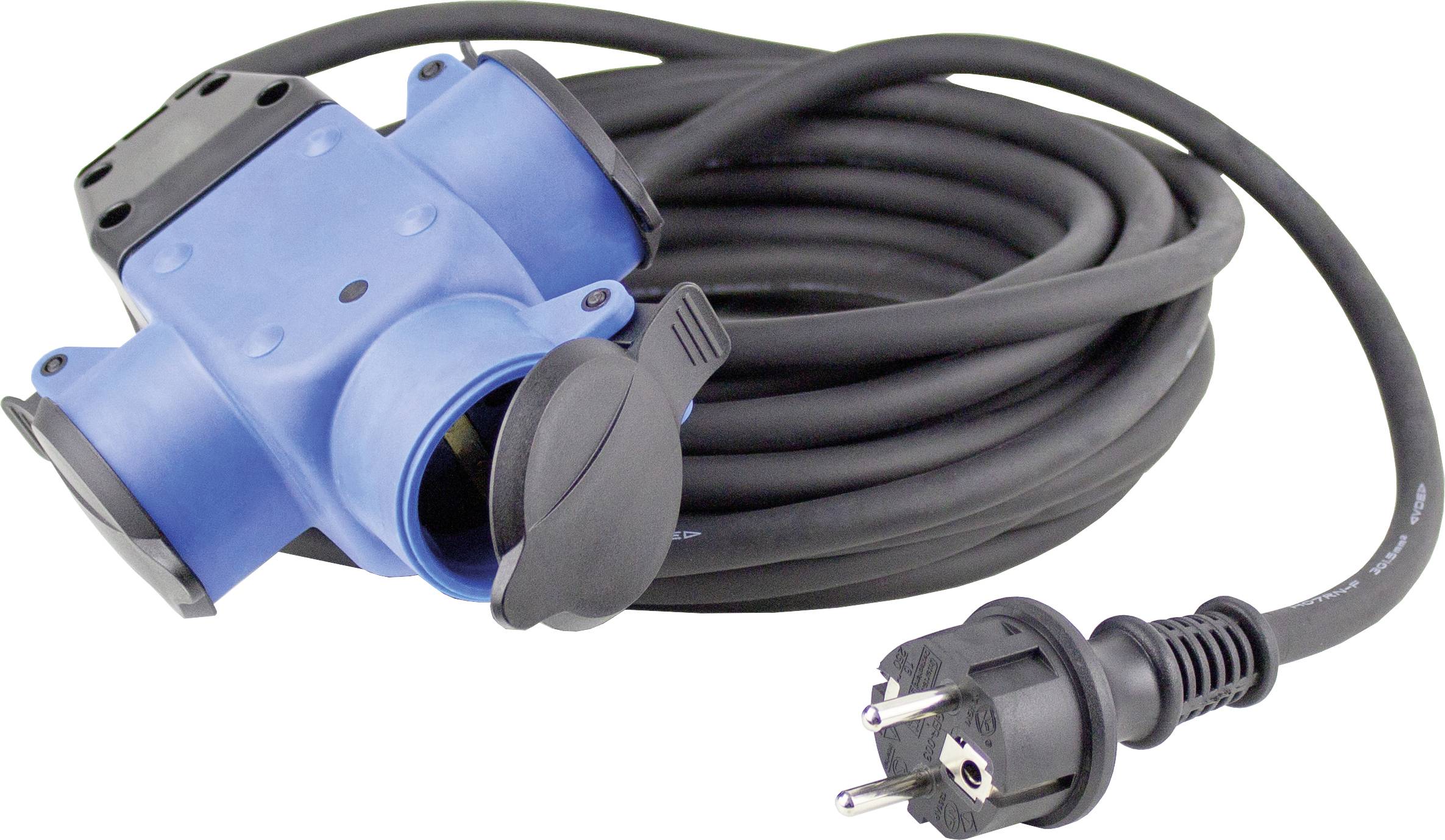 Eine blaue dreifach Steckdosenleiste mit einem langen Kabel und Stecker. Geeignet für den Außenbereich, erkennbar durch Schutzklappen.