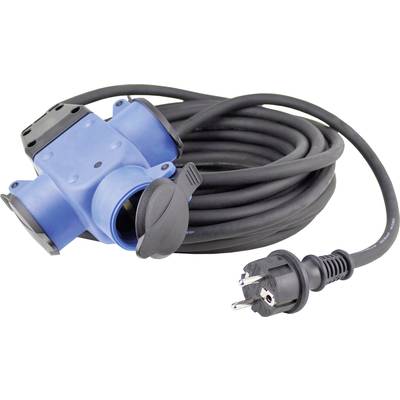 Eine blaue dreifach Steckdosenleiste mit einem langen Kabel und Stecker. Geeignet für den Außenbereich, erkennbar durch Schutzklappen.