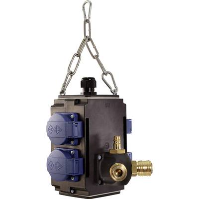 Ein schwarzes, rechteckiges Elektronikgerät mit blauen Steckdosen auf der linken Seite und goldfarbenen Anschlüssen hängt an einer Metallkette.