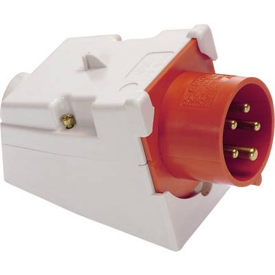Schräger roter CEE-Stecker mit vier Stiften und rotem isoliertem Gehäuse. Verwendet für Starkstromanwendungen in Industrieumgebungen.
