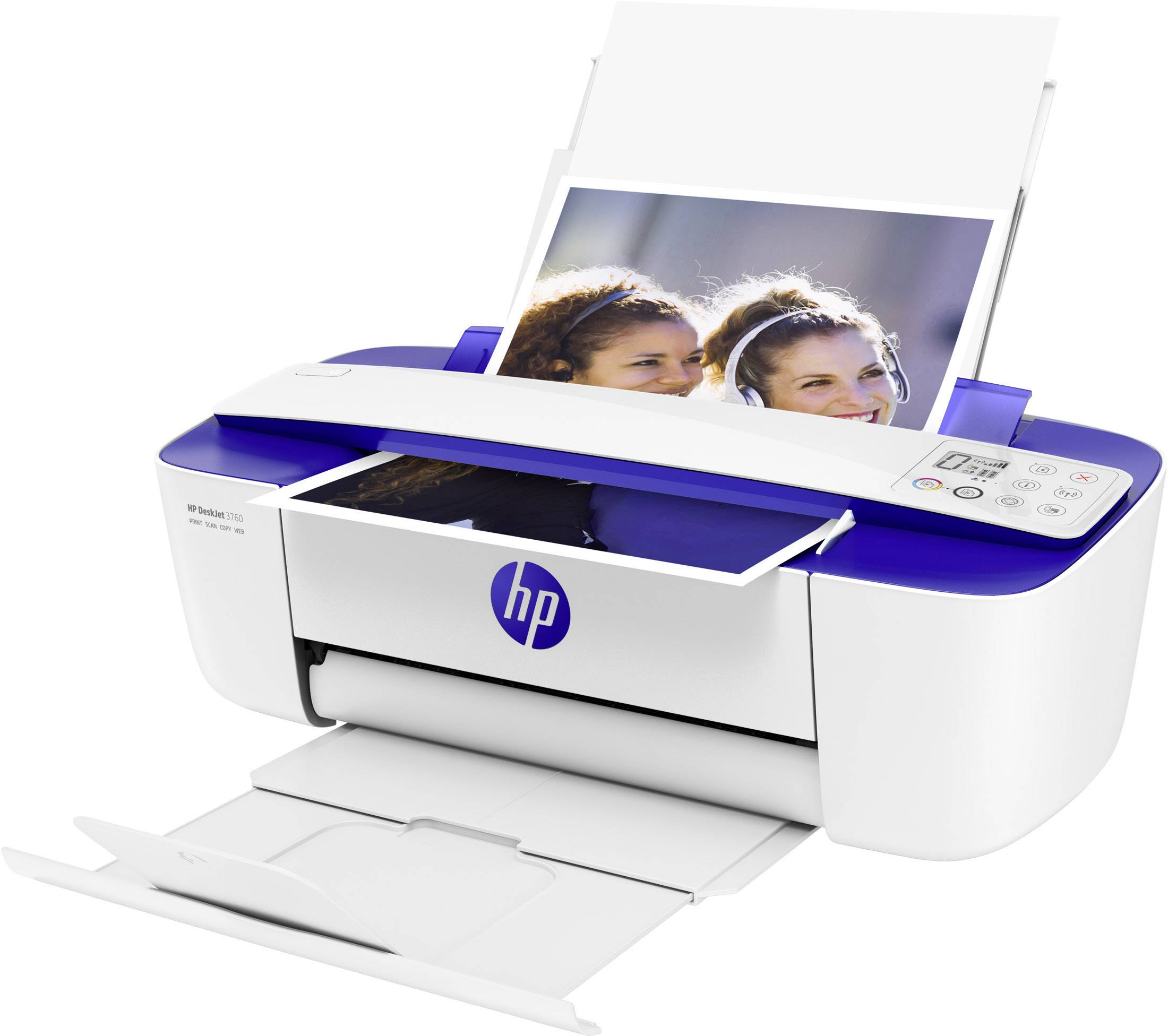Ein weißer Drucker mit blauem Akzent druckt ein Foto von zwei lächelnden Personen. Markenzeichen 'HP' auf der Vorderseite.