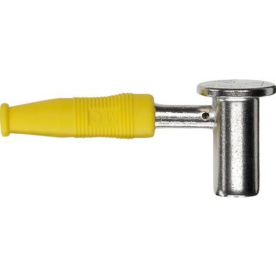 Ein gelber Schlauch mit geriffelter Oberfläche ist an einem silbernen Metallanschluss befestigt.