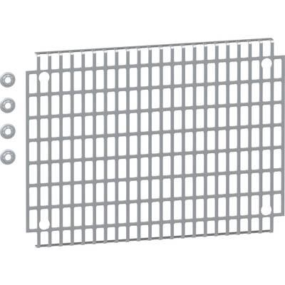Metallgitter-Abdeckplatte mit vier Befestigungsschrauben links daneben; dient als Schutz- oder Abdeckungsmechanismus.